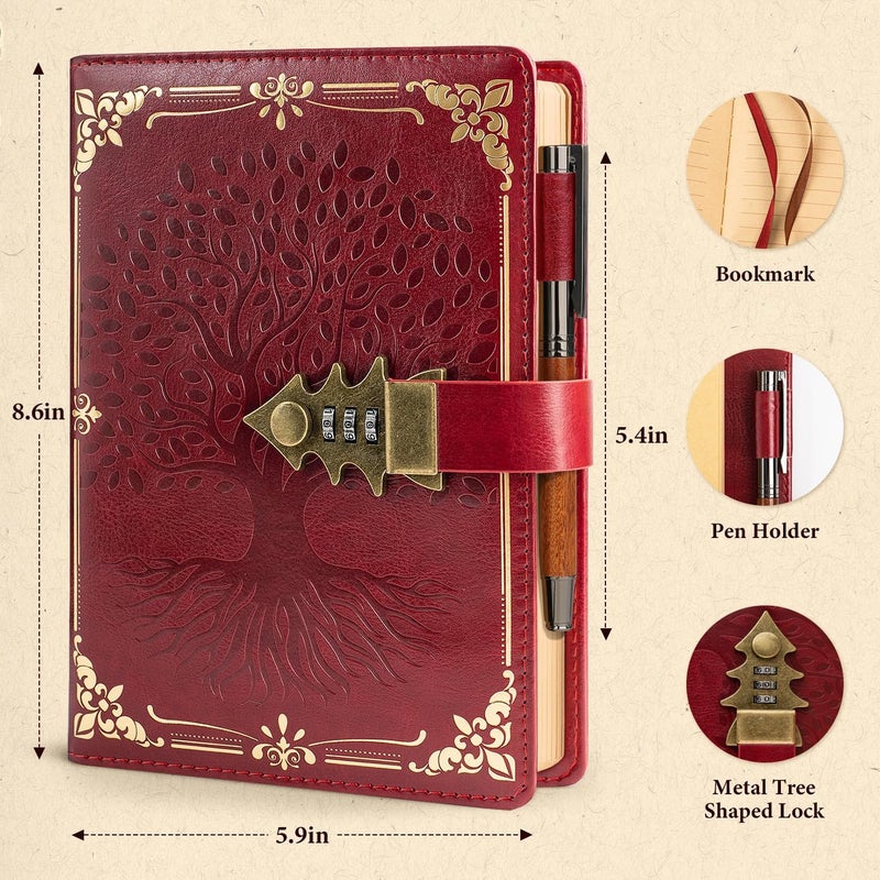 WEMATE Lock Journal with Pen & Gift Box, A5 260 Pages, Refillable, Hardcover Leather Password Notebook for Writing, Vintage Lock Diary for Women, Girls, Men, Students, 8.6 x 5.8 in, Red - Image 3